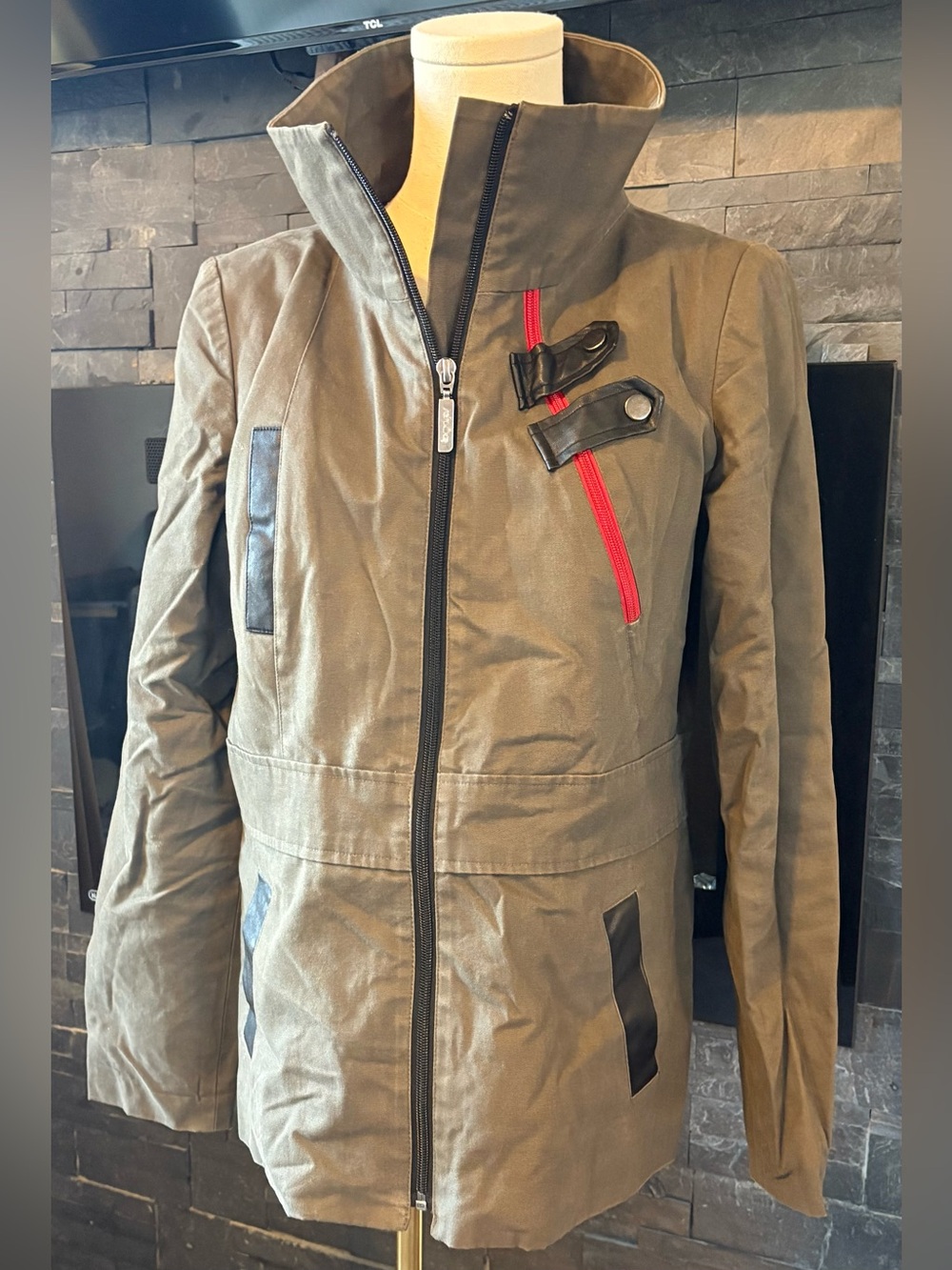 Men's Olive Military style jacket with Red Zip Accent